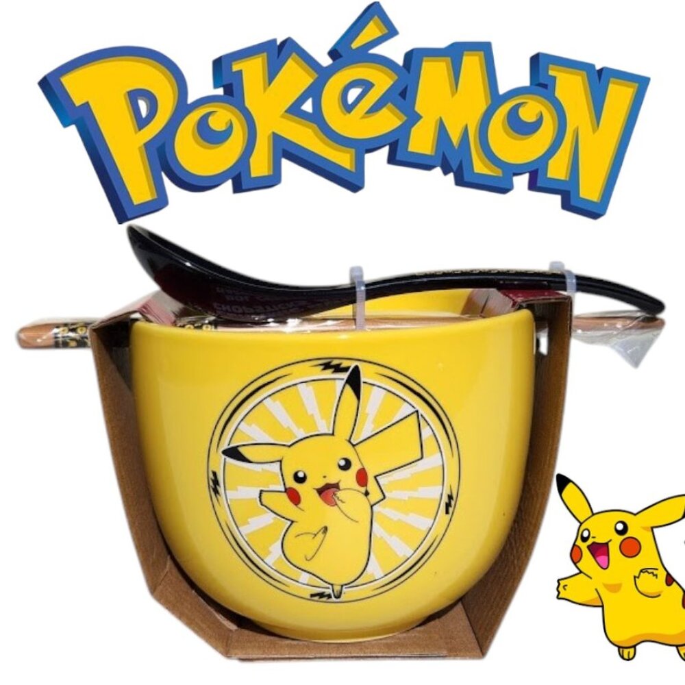 NEW Pokemon Pikachu Ceramic Ramen Bowl Chopsticks and Spoon Microwave Safe 20 oz